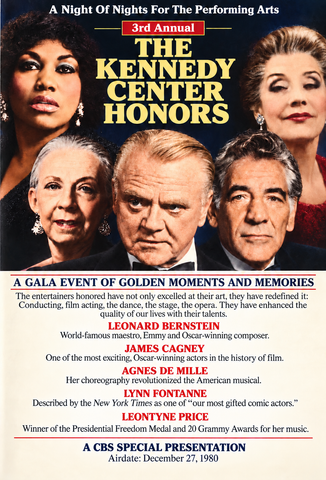 KENNEDY CENTER HONORS - 3RD ANNUAL (CBS 12/27/80) RARE TV SPECIAL!!! Leonard Bernstein,  James Cagney, Agnes de Mille, Lynn Fontanne, Leontyne Price, Lauren Bacall, John Travolta, Mikhail Baryshnikov, Pat O’Brien, Kitty Carlisle Hart, Jason Robards