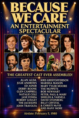 BECAUSE WE CARE (CBS SPECIAL 2/5/80) RARE!!! John Travolta, Frank Sinatra, Alan Alda, Julie Andrews, Mary Tyler Moore, Glen Campbell, Natalie Cole, Billy Crystal, Jane Fonda, Robert Goulet, Valerie Harper, Michael Jackson, Danny Kaye, Kris Kristofferson