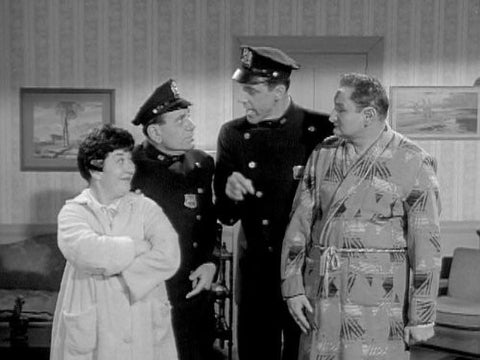 Charlotte Rae, Fred Gwynne, Joe E. Ross and Al Lewis in Car 54, Where Are You? (1961). Visit www.RewatchClassicTV.com to get the Charlotte Rae episode DVD collection set.